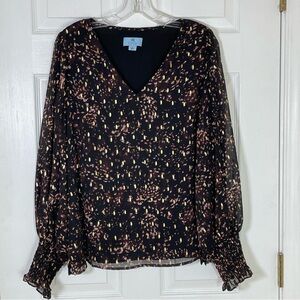 CeCe Chiffon Smocked Cuff V-Neck Foil Dot Blouse Romantic Elegant Womens Large